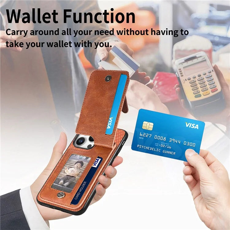 C1-03 For iPhone 16 Pro Max Case Carbon Fiber PU+TPU+PC Kickstand Phone Cover Card Slots Zipper Pocket