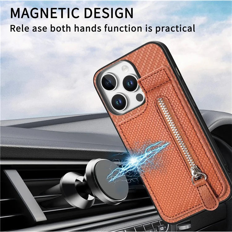 C1-03 For iPhone 16 Pro Max Case Carbon Fiber PU+TPU+PC Kickstand Phone Cover Card Slots Zipper Pocket