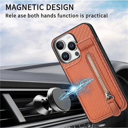 C1-03 For iPhone 16 Pro Max Case Carbon Fiber PU+TPU+PC Kickstand Phone Cover Card Slots Zipper Pocket