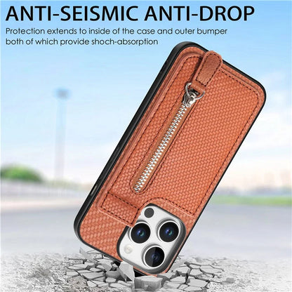 C1-03 For iPhone 16 Pro Max Case Carbon Fiber PU+TPU+PC Kickstand Phone Cover Card Slots Zipper Pocket