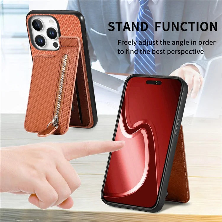 C1-03 For iPhone 16 Pro Max Case Carbon Fiber PU+TPU+PC Kickstand Phone Cover Card Slots Zipper Pocket