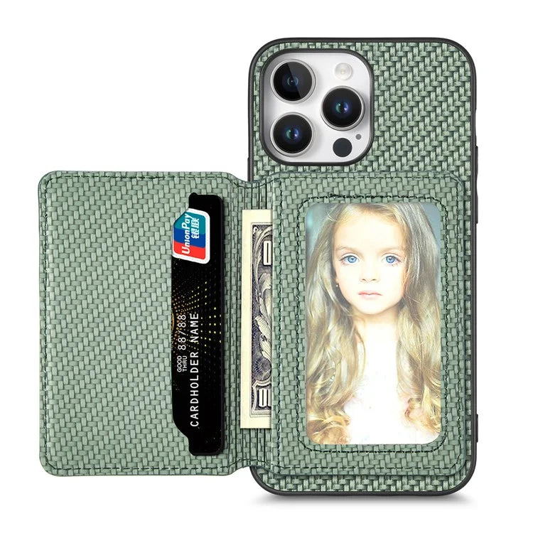 C1-02 For iPhone 16 Pro Max Case RFID Blocking Card Holder Carbon Fiber Leather+PC+TPU Phone Cover