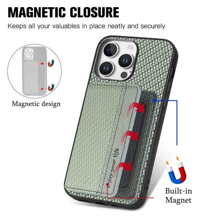 C1-02 For iPhone 16 Pro Max Case RFID Blocking Card Holder Carbon Fiber Leather+PC+TPU Phone Cover