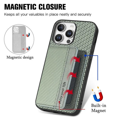 C1-02 For iPhone 16 Pro Max Case RFID Blocking Card Holder Carbon Fiber Leather+PC+TPU Phone Cover