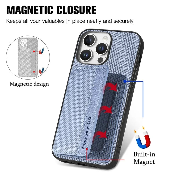 C1-02 For iPhone 16 Pro Max Case RFID Blocking Card Holder Carbon Fiber Leather+PC+TPU Phone Cover