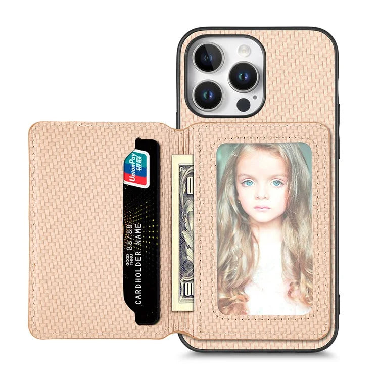C1-02 For iPhone 16 Pro Max Case RFID Blocking Card Holder Carbon Fiber Leather+PC+TPU Phone Cover