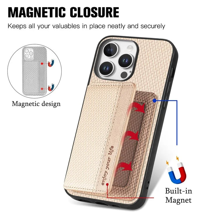 C1-02 For iPhone 16 Pro Max Case RFID Blocking Card Holder Carbon Fiber Leather+PC+TPU Phone Cover
