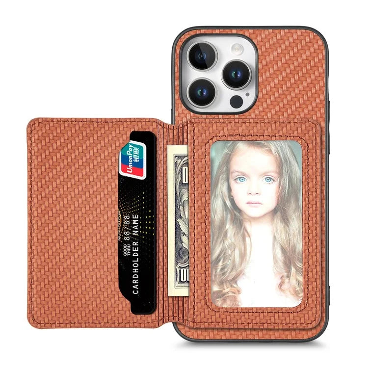 C1-02 For iPhone 16 Pro Max Case RFID Blocking Card Holder Carbon Fiber Leather+PC+TPU Phone Cover