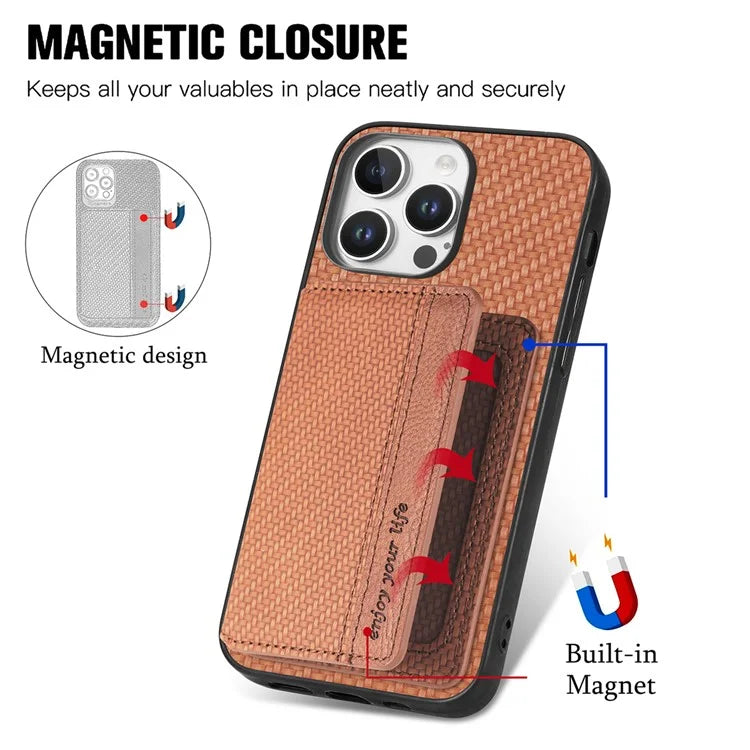 C1-02 For iPhone 16 Pro Max Case RFID Blocking Card Holder Carbon Fiber Leather+PC+TPU Phone Cover