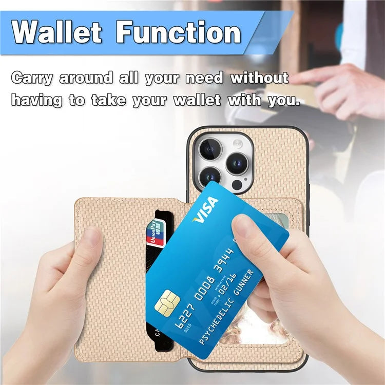 C1-02 For iPhone 16 Pro Max Case RFID Blocking Card Holder Carbon Fiber Leather+PC+TPU Phone Cover