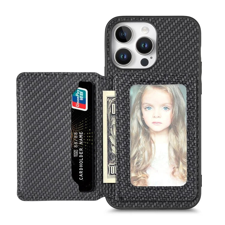 C1-02 For iPhone 16 Pro Max Case RFID Blocking Card Holder Carbon Fiber Leather+PC+TPU Phone Cover