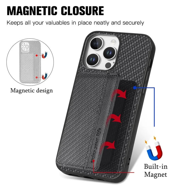 C1-02 For iPhone 16 Pro Max Case RFID Blocking Card Holder Carbon Fiber Leather+PC+TPU Phone Cover