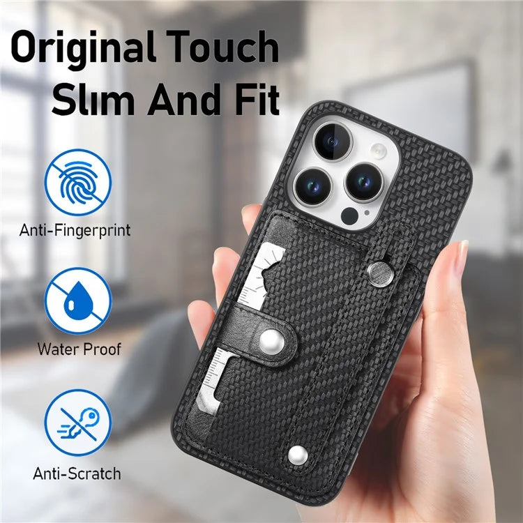 C1-01 For iPhone 16 Pro Max Case Wristband Anti-Drop Leather Back Cover with Card Holder, Card Knife