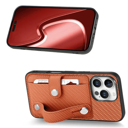 C1-01 For iPhone 16 Pro Max Case Wristband Anti-Drop Leather Back Cover with Card Holder, Card Knife