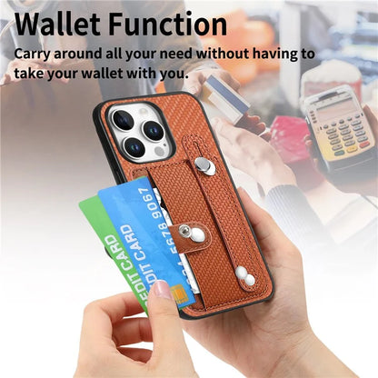 C1-01 For iPhone 16 Pro Max Case Wristband Anti-Drop Leather Back Cover with Card Holder, Card Knife