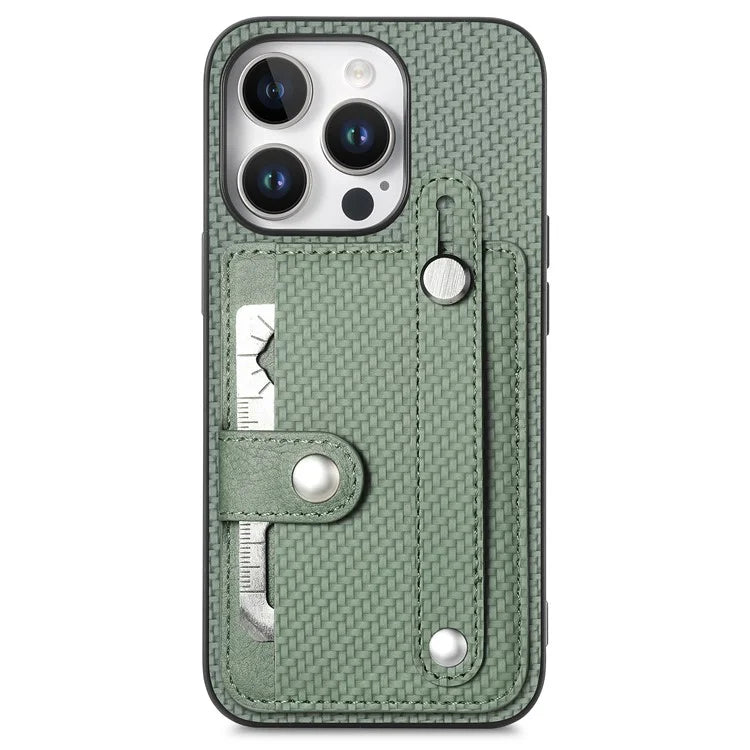 C1-01 For iPhone 16 Pro Max Case Wristband Anti-Drop Leather Back Cover with Card Holder, Card Knife