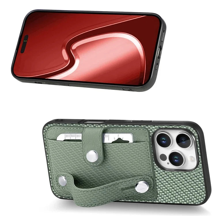 C1-01 For iPhone 16 Pro Max Case Wristband Anti-Drop Leather Back Cover with Card Holder, Card Knife