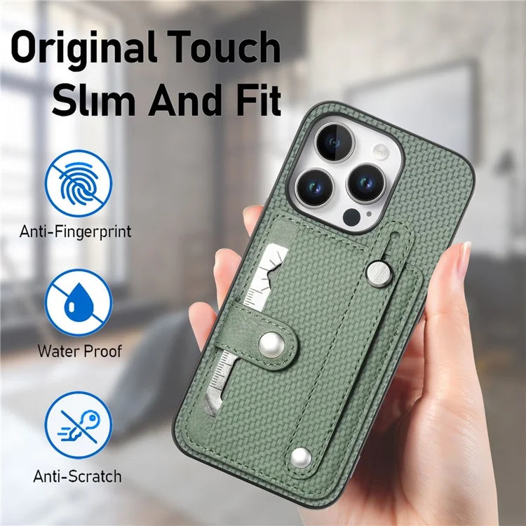 C1-01 For iPhone 16 Pro Max Case Wristband Anti-Drop Leather Back Cover with Card Holder, Card Knife