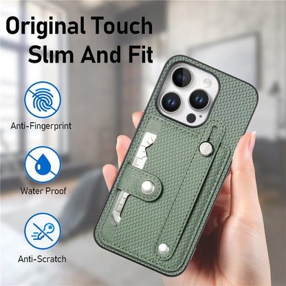 C1-01 For iPhone 16 Pro Max Case Wristband Anti-Drop Leather Back Cover with Card Holder, Card Knife