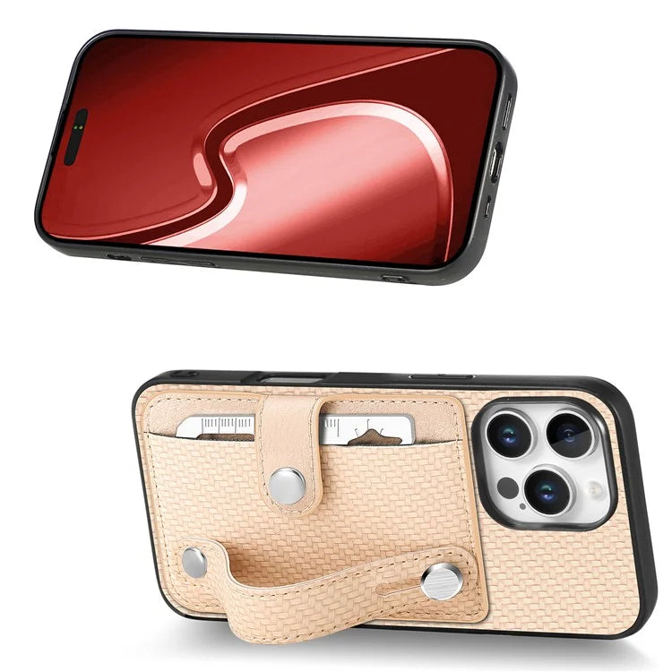 C1-01 For iPhone 16 Pro Max Case Wristband Anti-Drop Leather Back Cover with Card Holder, Card Knife