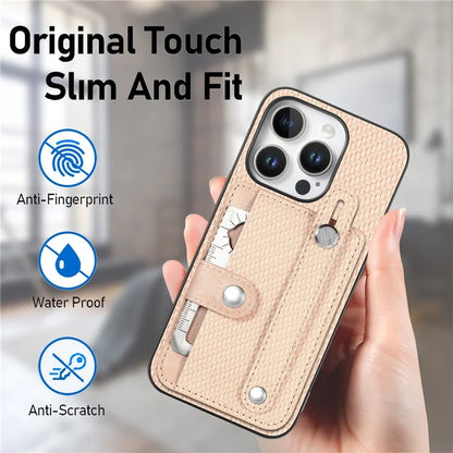 C1-01 For iPhone 16 Pro Max Case Wristband Anti-Drop Leather Back Cover with Card Holder, Card Knife