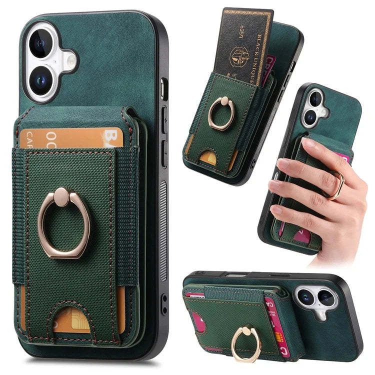 D14 For iPhone 16 Plus Case Vertical Flip Card Holder Ring Holder Kickstand Leather Back Cover