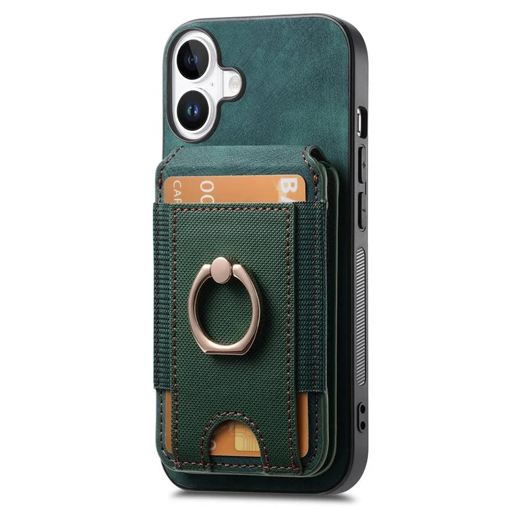 D14 For iPhone 16 Plus Case Vertical Flip Card Holder Ring Holder Kickstand Leather Back Cover