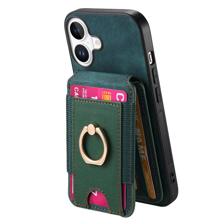 D14 For iPhone 16 Plus Case Vertical Flip Card Holder Ring Holder Kickstand Leather Back Cover
