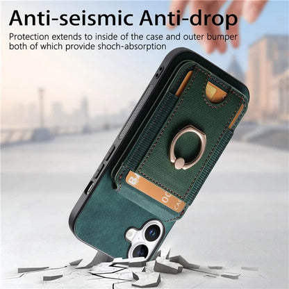 D14 For iPhone 16 Plus Case Vertical Flip Card Holder Ring Holder Kickstand Leather Back Cover
