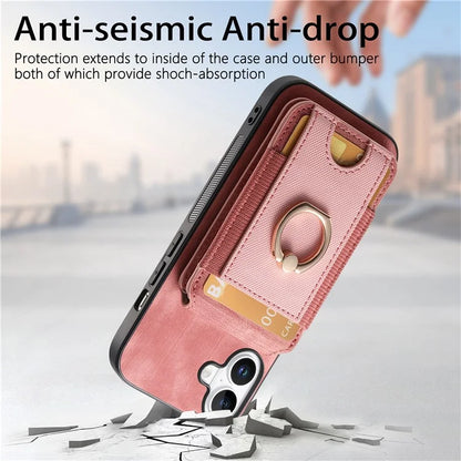D14 For iPhone 16 Plus Case Vertical Flip Card Holder Ring Holder Kickstand Leather Back Cover