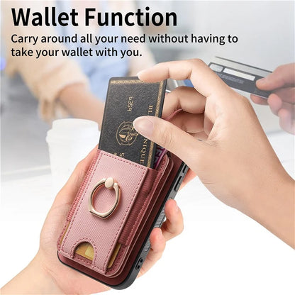 D14 For iPhone 16 Plus Case Vertical Flip Card Holder Ring Holder Kickstand Leather Back Cover