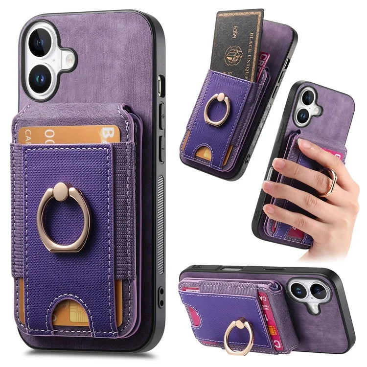 D14 For iPhone 16 Plus Case Vertical Flip Card Holder Ring Holder Kickstand Leather Back Cover