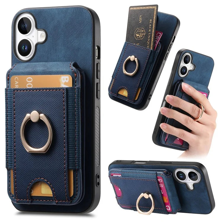D14 For iPhone 16 Plus Case Vertical Flip Card Holder Ring Holder Kickstand Leather Back Cover