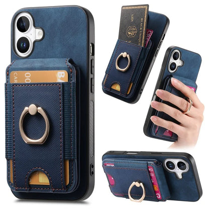 D14 For iPhone 16 Plus Case Vertical Flip Card Holder Ring Holder Kickstand Leather Back Cover