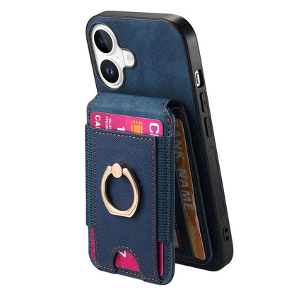 D14 For iPhone 16 Plus Case Vertical Flip Card Holder Ring Holder Kickstand Leather Back Cover