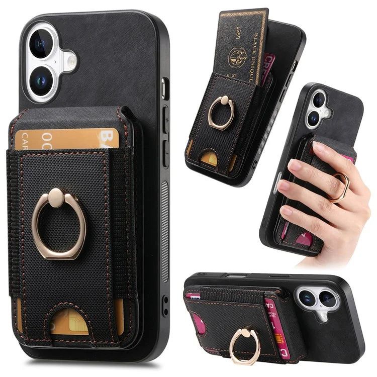 D14 For iPhone 16 Plus Case Vertical Flip Card Holder Ring Holder Kickstand Leather Back Cover