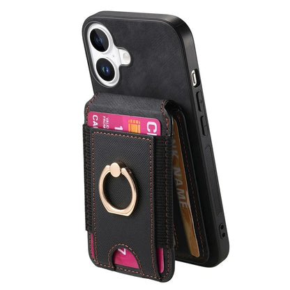 D14 For iPhone 16 Plus Case Vertical Flip Card Holder Ring Holder Kickstand Leather Back Cover