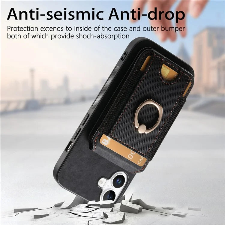 D14 For iPhone 16 Plus Case Vertical Flip Card Holder Ring Holder Kickstand Leather Back Cover