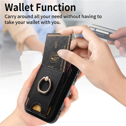 D14 For iPhone 16 Plus Case Vertical Flip Card Holder Ring Holder Kickstand Leather Back Cover