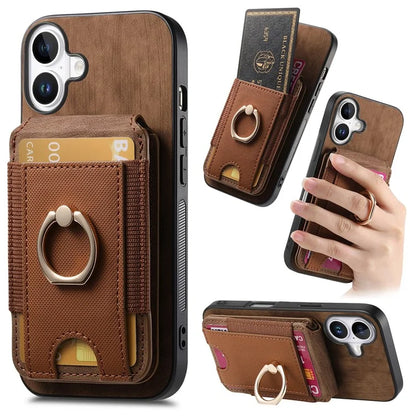 D14 For iPhone 16 Plus Case Vertical Flip Card Holder Ring Holder Kickstand Leather Back Cover