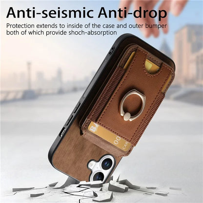 D14 For iPhone 16 Plus Case Vertical Flip Card Holder Ring Holder Kickstand Leather Back Cover