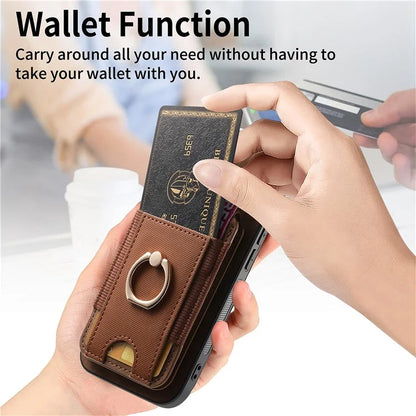 D14 For iPhone 16 Plus Case Vertical Flip Card Holder Ring Holder Kickstand Leather Back Cover