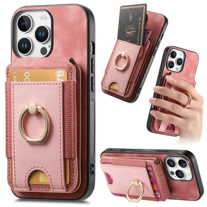 D14 For iPhone 16 Pro Case Vertical Flip Card Holder Ring Holder Kickstand Leather Back Cover