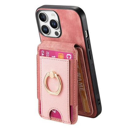 D14 For iPhone 16 Pro Case Vertical Flip Card Holder Ring Holder Kickstand Leather Back Cover