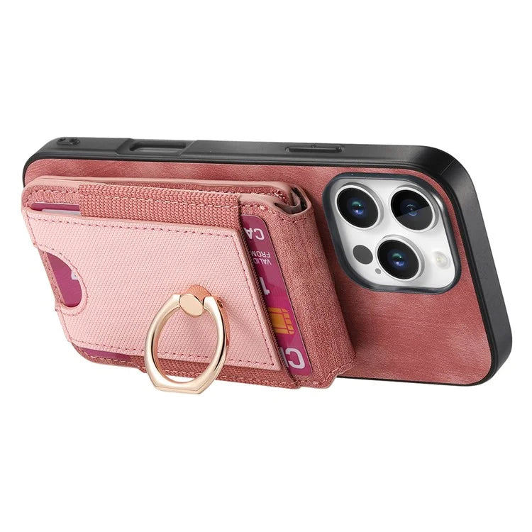 D14 For iPhone 16 Pro Case Vertical Flip Card Holder Ring Holder Kickstand Leather Back Cover