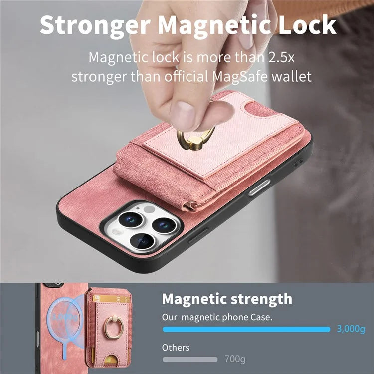 D14 For iPhone 16 Pro Case Vertical Flip Card Holder Ring Holder Kickstand Leather Back Cover