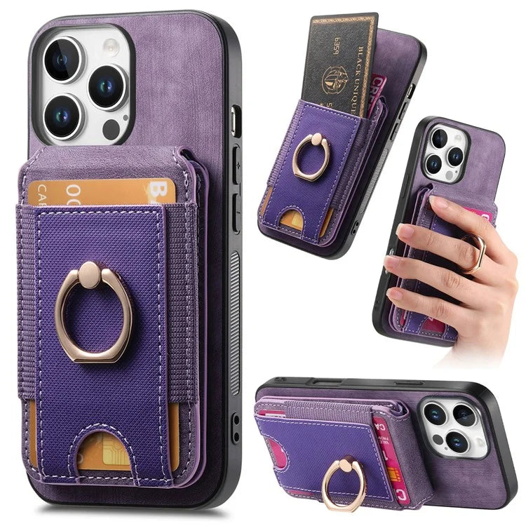 D14 For iPhone 16 Pro Case Vertical Flip Card Holder Ring Holder Kickstand Leather Back Cover