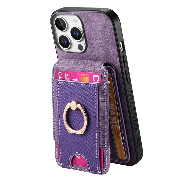 D14 For iPhone 16 Pro Case Vertical Flip Card Holder Ring Holder Kickstand Leather Back Cover