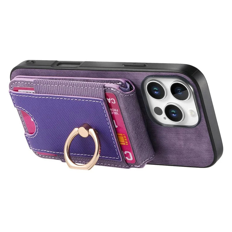 D14 For iPhone 16 Pro Case Vertical Flip Card Holder Ring Holder Kickstand Leather Back Cover