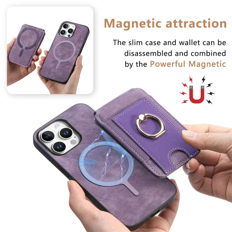 D14 For iPhone 16 Pro Case Vertical Flip Card Holder Ring Holder Kickstand Leather Back Cover